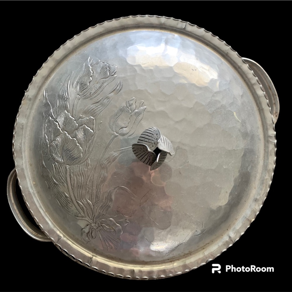 1950s Vintage Hammered Covered Aluminum Bowl with Tulips